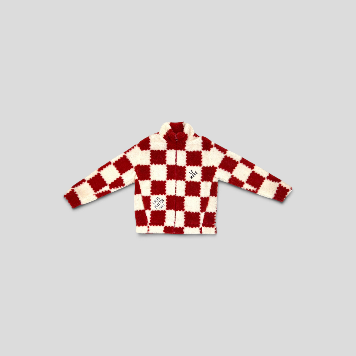 CLB XXIII Louis Vuitton Nigo red and white checkered fleece blouson jacket with zip front and logo patches