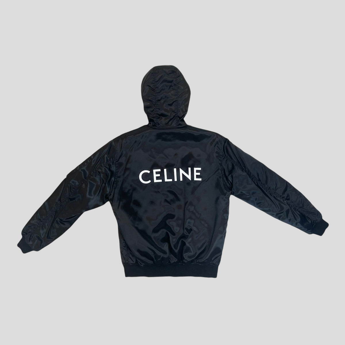 Celine Homme Oversized Chain Logo Hooded Bomber in Black