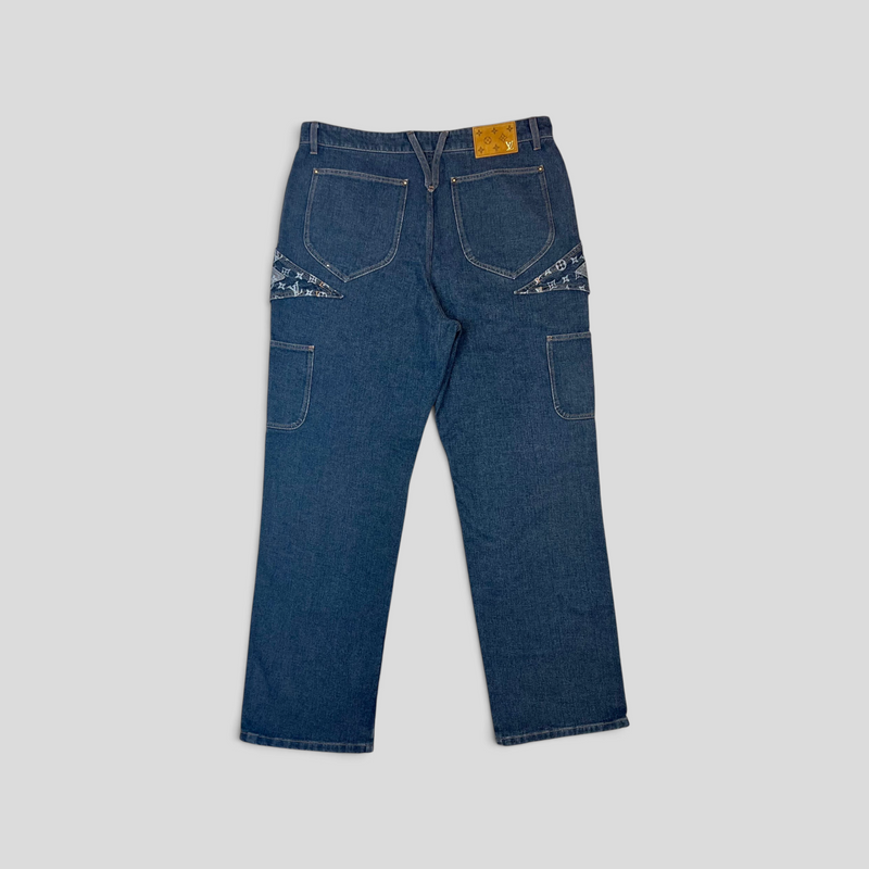 CLB XXIII Louis Vuitton monogram flower denim pants in dark blue cotton with back pocket detailing