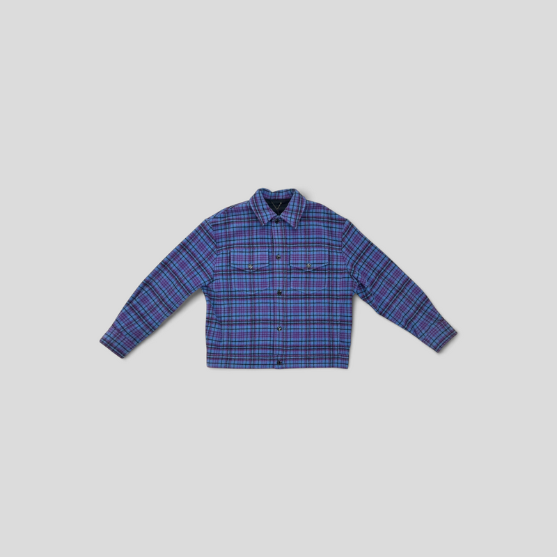 CLB XXIII Louis Vuitton blue and purple wool blend plaid trucker jacket with button front and chest pockets
