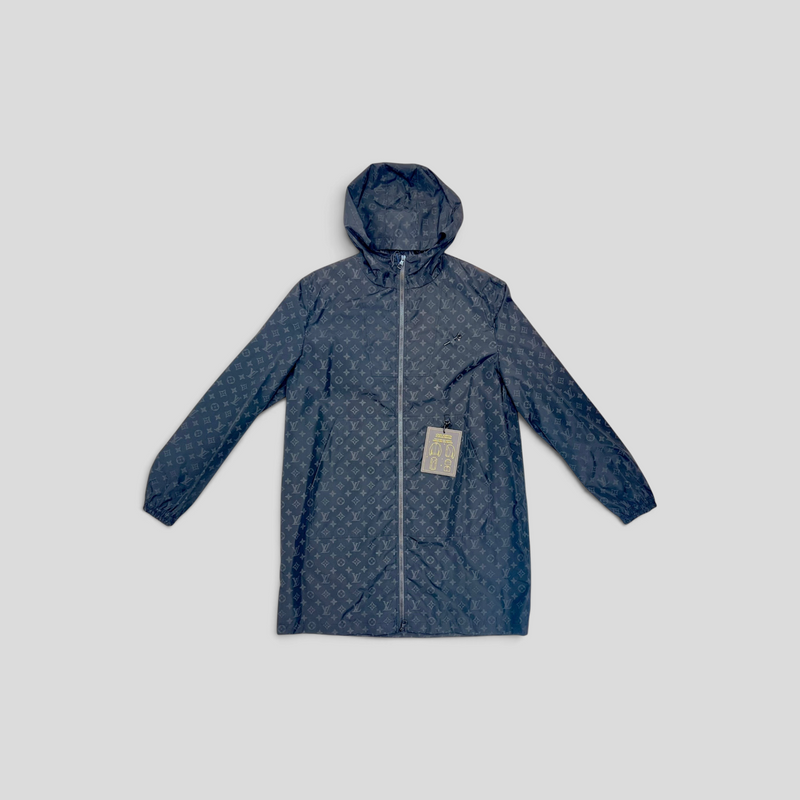 CLB XXIII black Louis Vuitton midlength windbreaker featuring an all-over monogram print in lightweight nylon