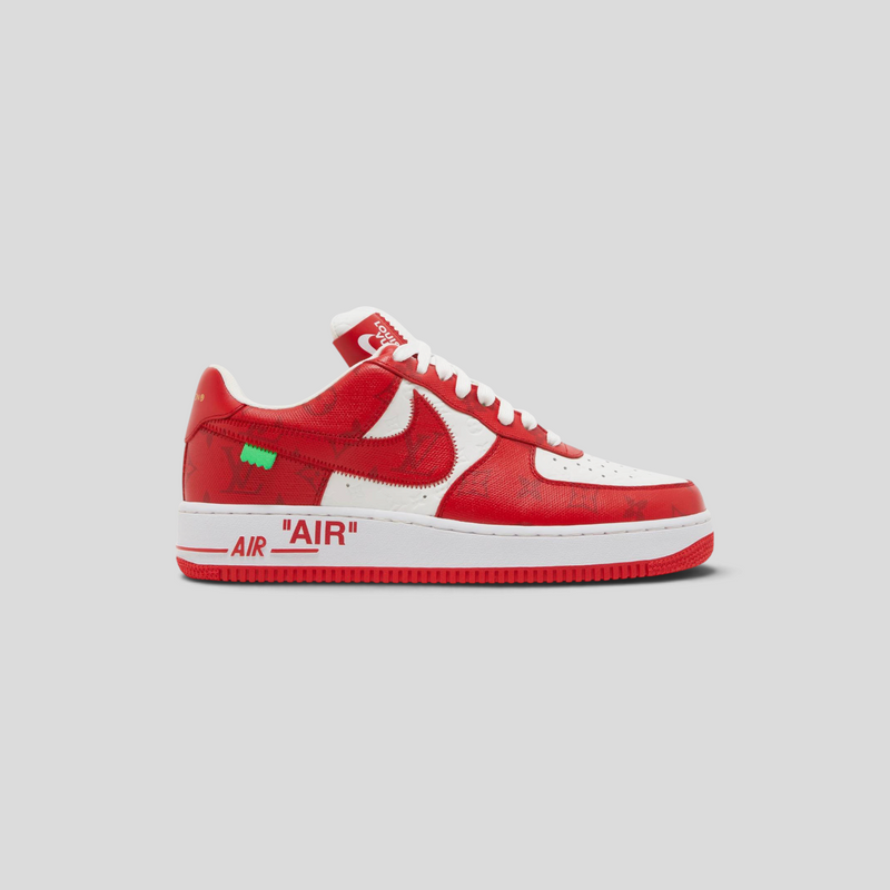CLB XXIII Nike Air Force 1 Low x Louis Vuitton sneaker in red and white with monogram pattern and AIR branding