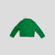 CLB XXIII Louis Vuitton green monogram denim workwear jacket with a white shearling collar, back view.