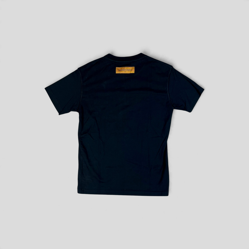 CLB XXIII Louis Vuitton black cotton t-shirt featuring a back leather logo patch, gently used condition.