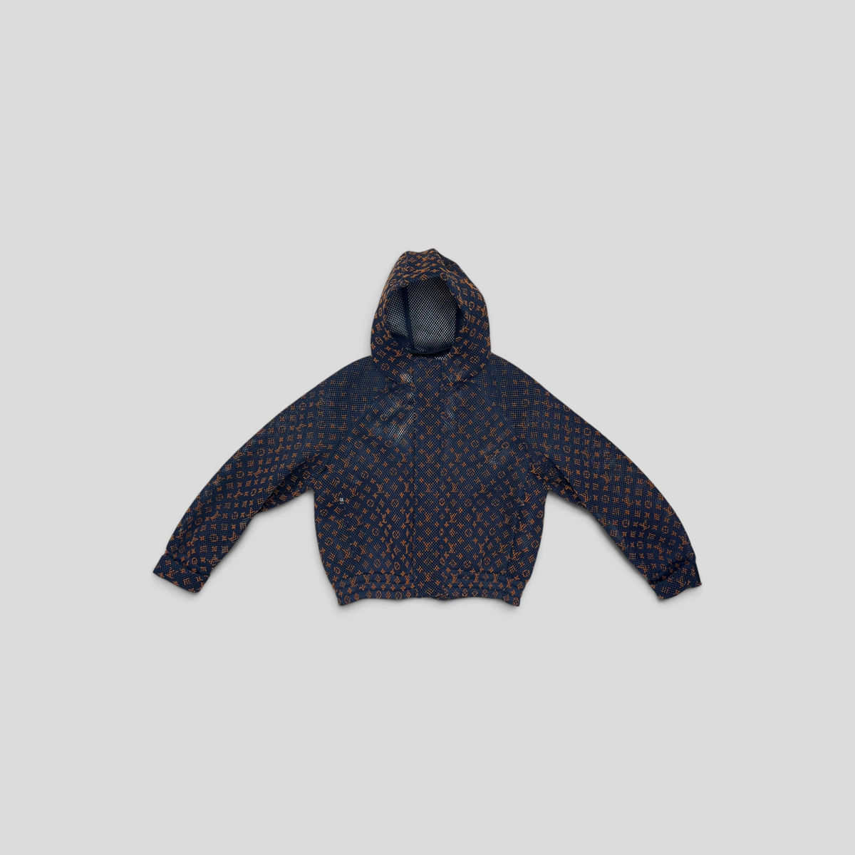 CLB XXIII Louis Vuitton navy and brown monogram mesh zip blouson hoodie with long sleeves and ribbed cuffs