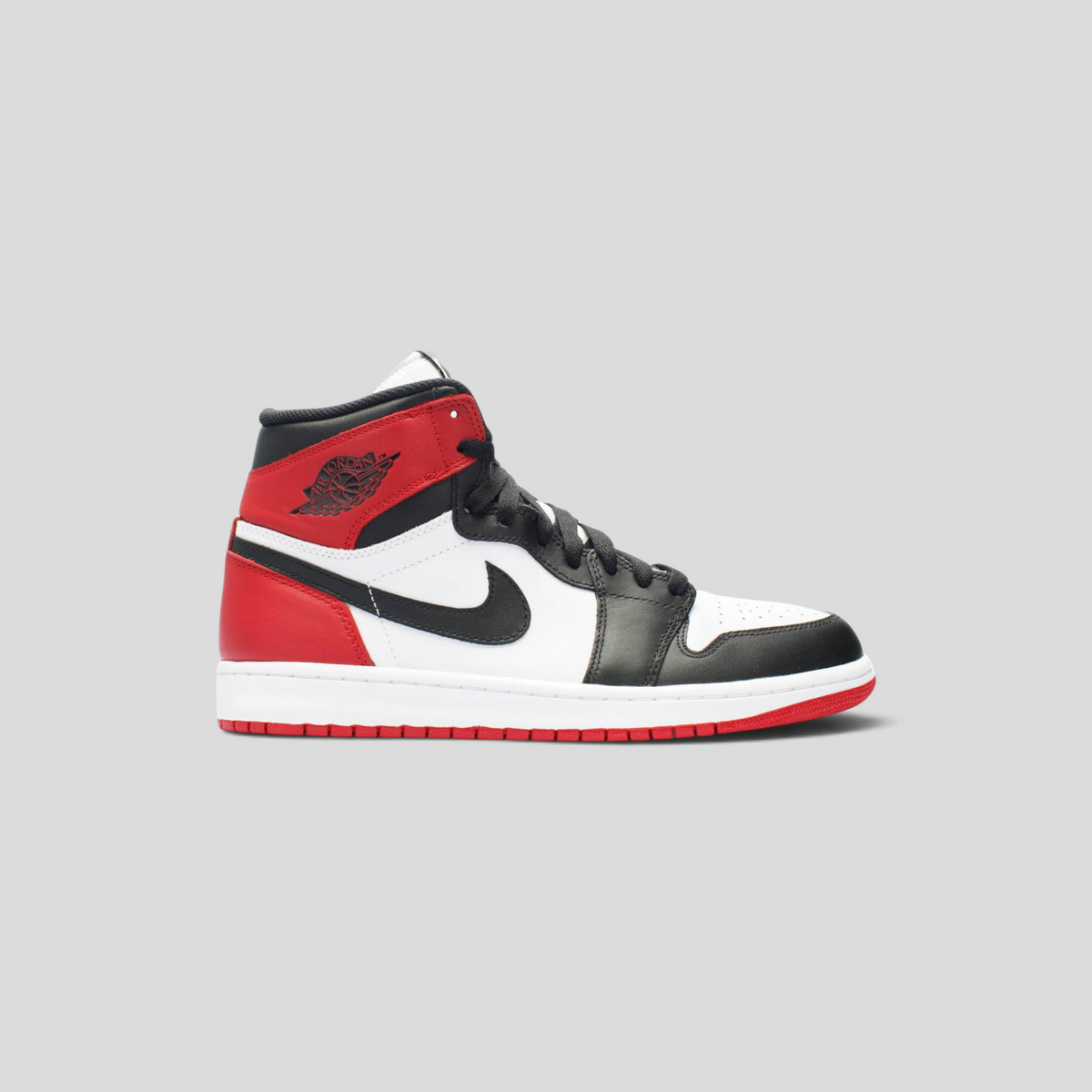 CLB XXIII Air Jordan 1 Retro High OG Black Toe sneakers in white, black, and red leather with iconic side branding.