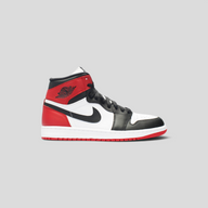 CLB XXIII Air Jordan 1 Retro High OG Black Toe sneakers in white, black, and red leather with iconic side branding.