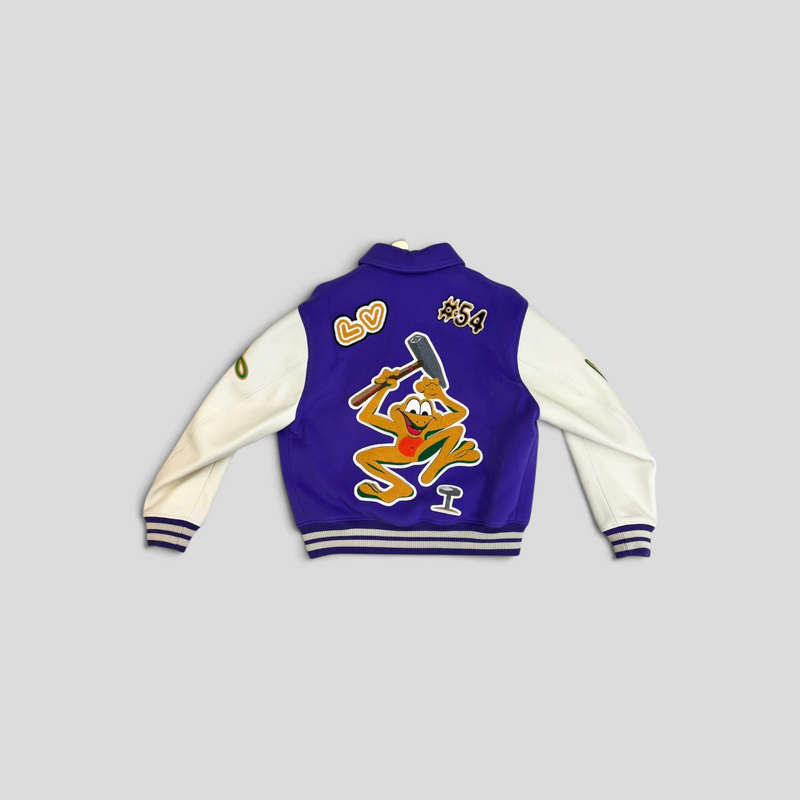 CLB XXIII Louis Vuitton purple wool and white calfskin varsity jacket with Runaway Frog graphic on the back