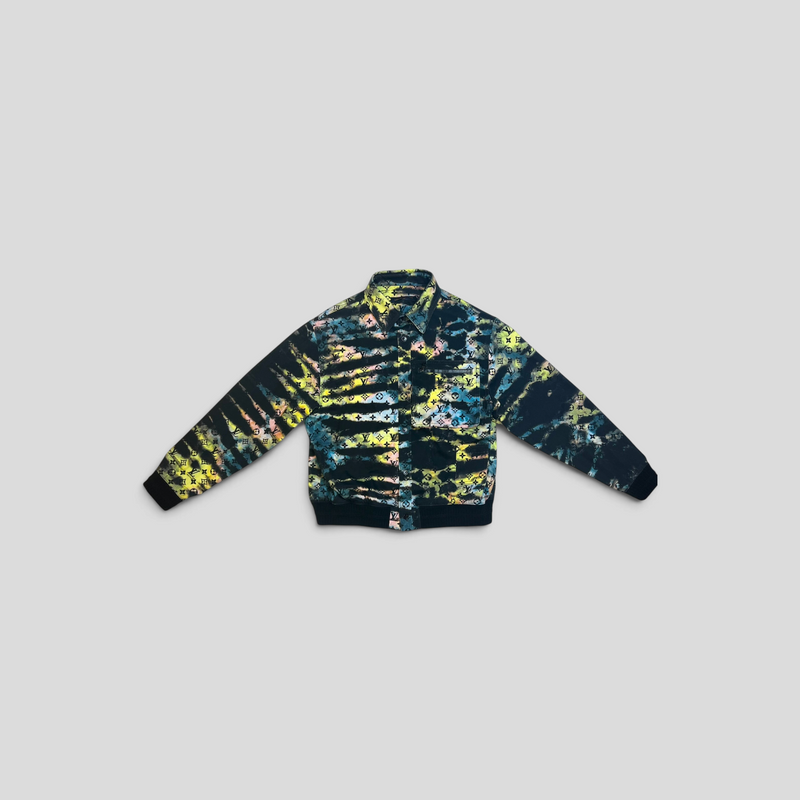 CLB XXIII Louis Vuitton monogram tie-dye upcycled denim blouson jacket in black with vibrant multi-color accents