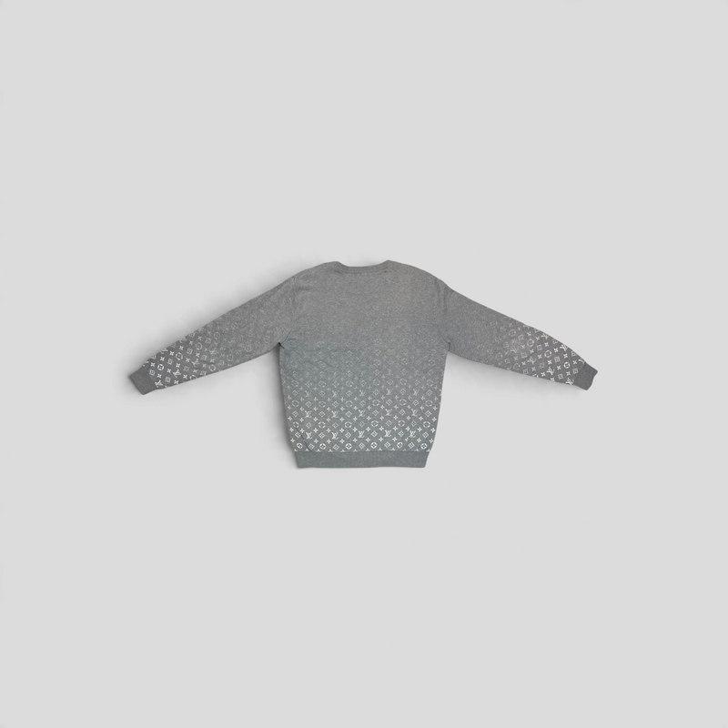 CLB XXIII grey Louis Vuitton cotton knit sweater featuring a white monogram degrade pattern on the back