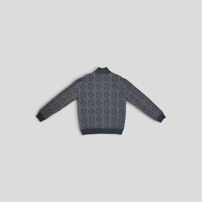 CLB XXIII grey Louis Vuitton zip-through jacket featuring a white monogram flower pattern and ribbed cuffs