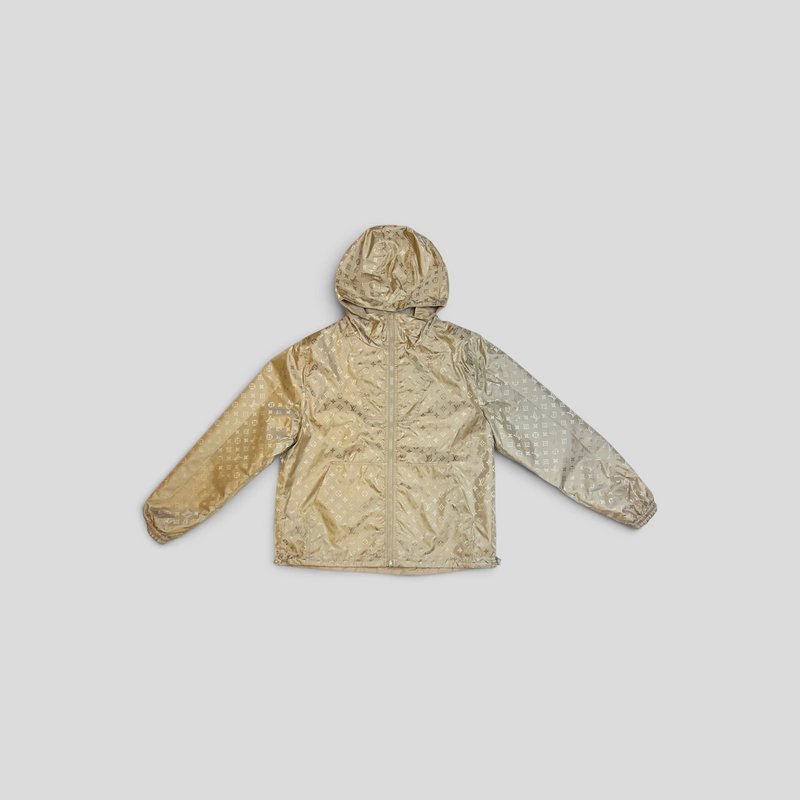 CLB XXIII beige Louis Vuitton monogram reversible nylon windbreaker with hood and full zip closure.
