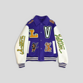 CLB XXIII Louis Vuitton purple wool and white calfskin varsity jacket with Runaway Frog graphic and embroidered patches