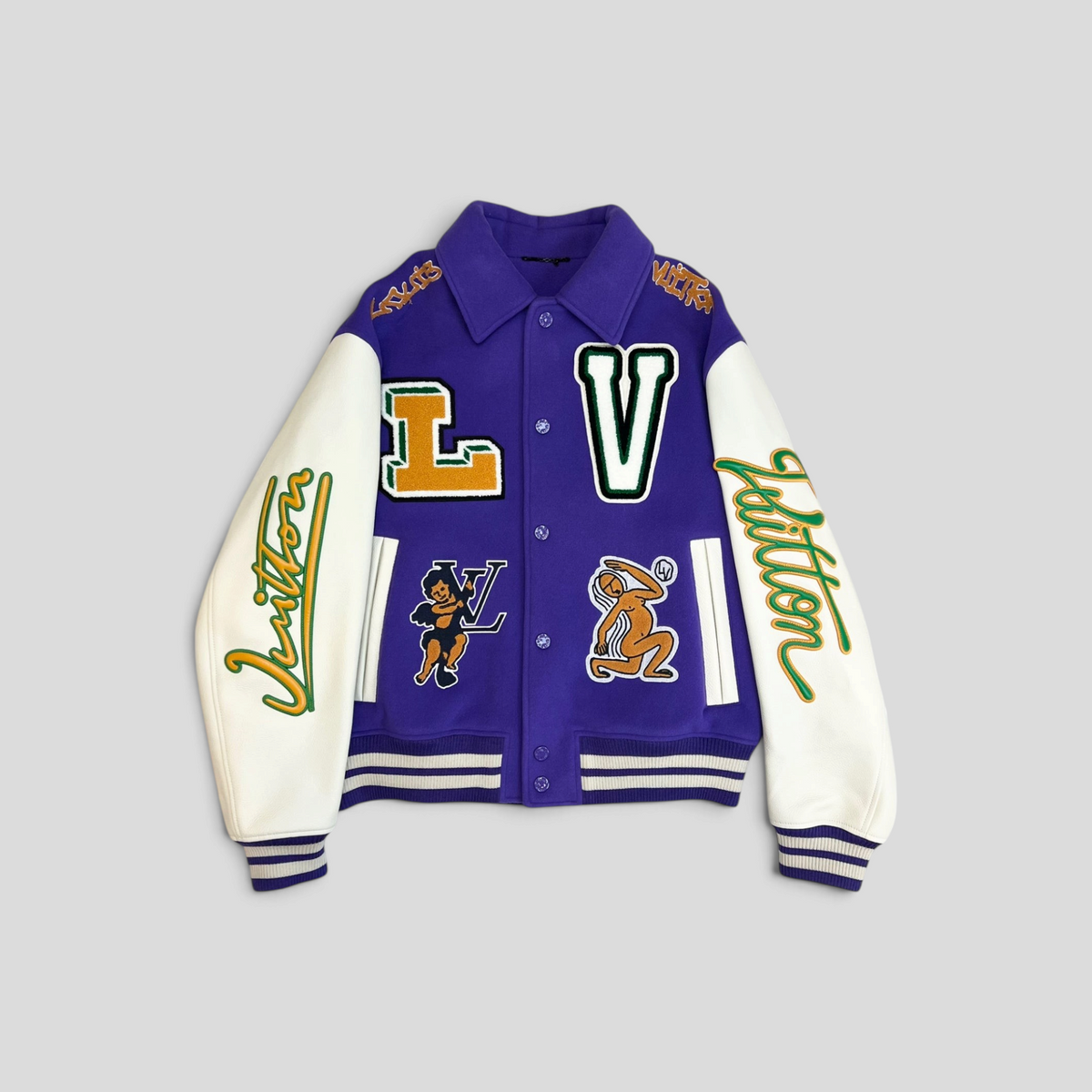 CLB XXIII Louis Vuitton purple wool and white calfskin varsity jacket with Runaway Frog graphic and embroidered patches
