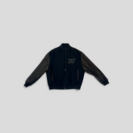CLB XXIII Louis Vuitton black varsity jacket featuring wool body and calfskin leather sleeves with monogram pattern