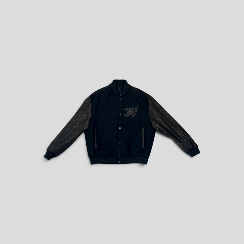 CLB XXIII Louis Vuitton black varsity jacket featuring wool body and calfskin leather sleeves with monogram pattern