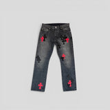 Chrome Hearts Cross Patch Jeans in Black/Red