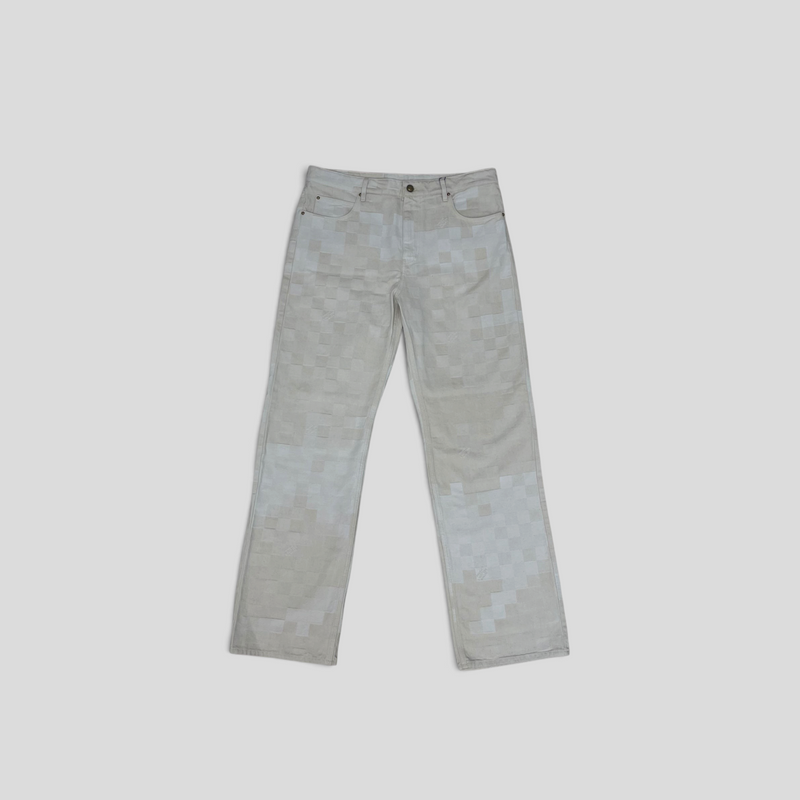 CLB XXIII Louis Vuitton Damoflage jacquard denim pants in beige cotton with a pixelated checkerboard pattern