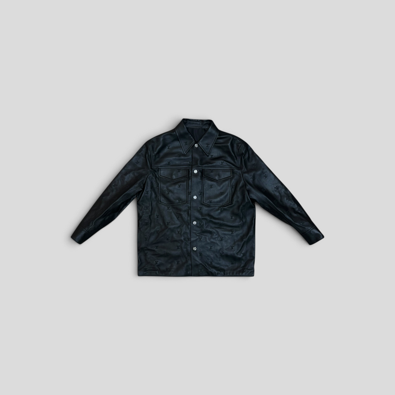 CLB XXIII black lambskin leather overshirt featuring an all-over Louis Vuitton monogram pattern and button front.