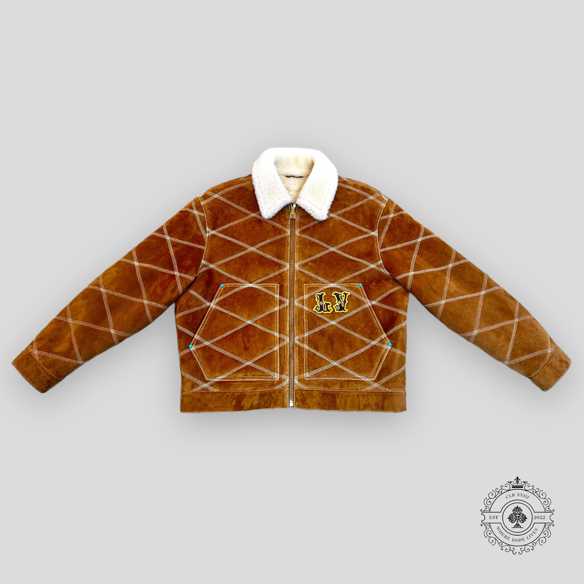 Louis Vuitton Embroidered Shearling Workwear Jacket in Camel