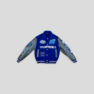 CLB XXIII blue wool and calfskin embroidered varsity jacket with white and green graphic patches and snap buttons.