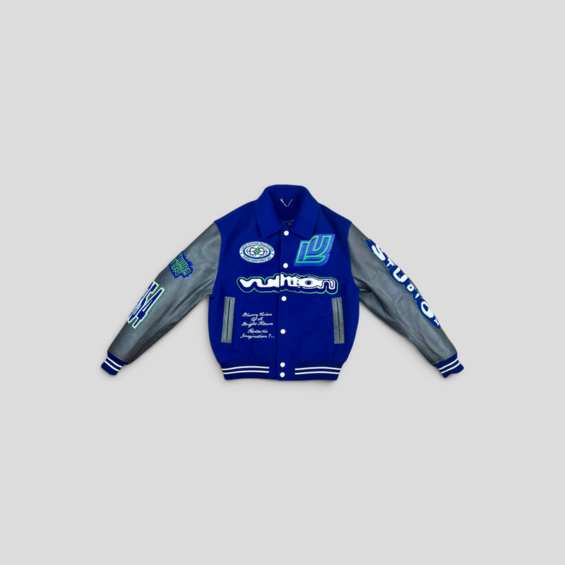 CLB XXIII blue wool and calfskin embroidered varsity jacket with white and green graphic patches and snap buttons.