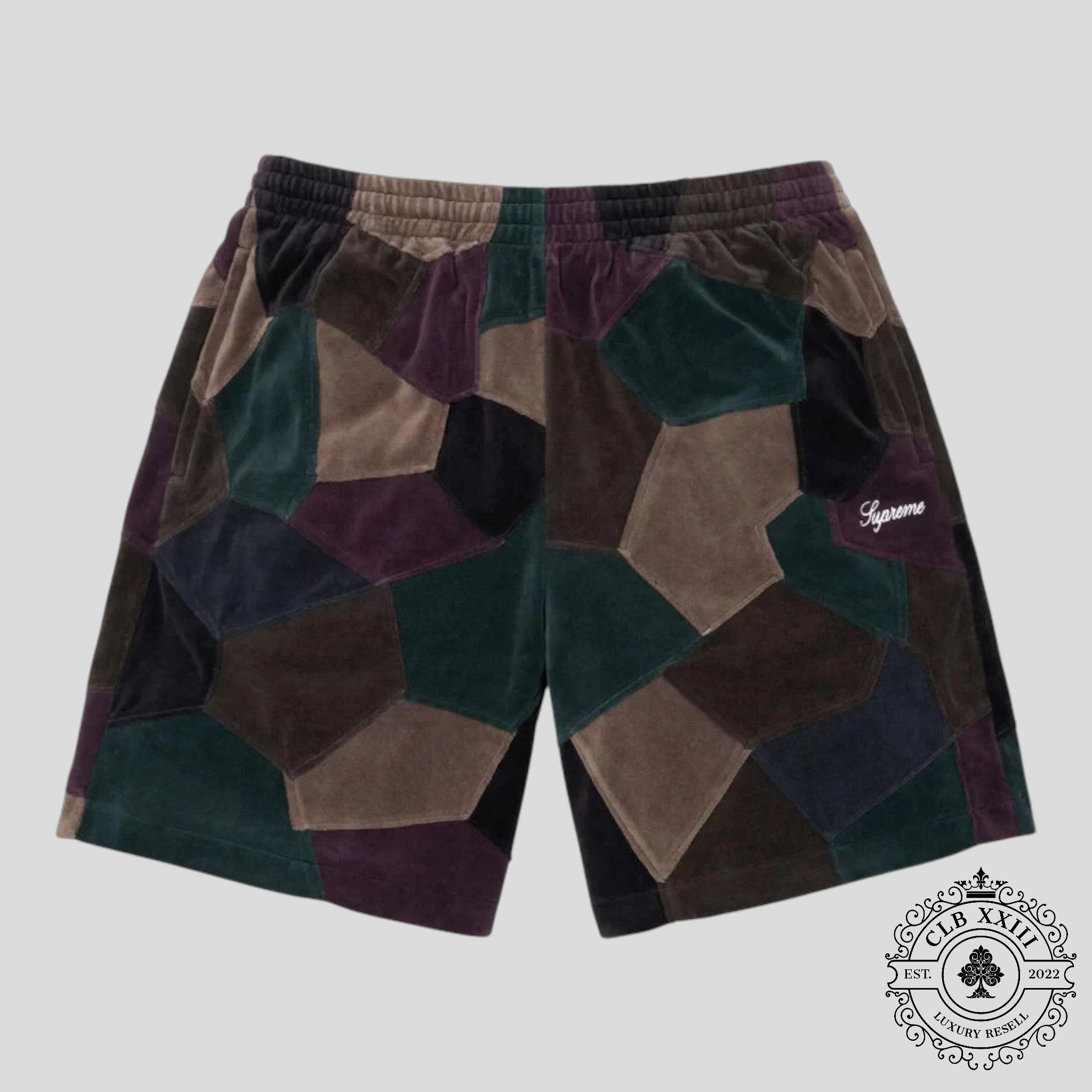 Supreme Patchwork Velour Shorts in Navy