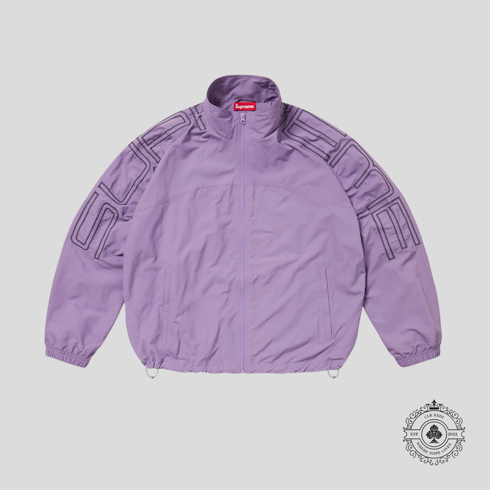 Supreme Embroidered Spellout Track Jacket in Purple