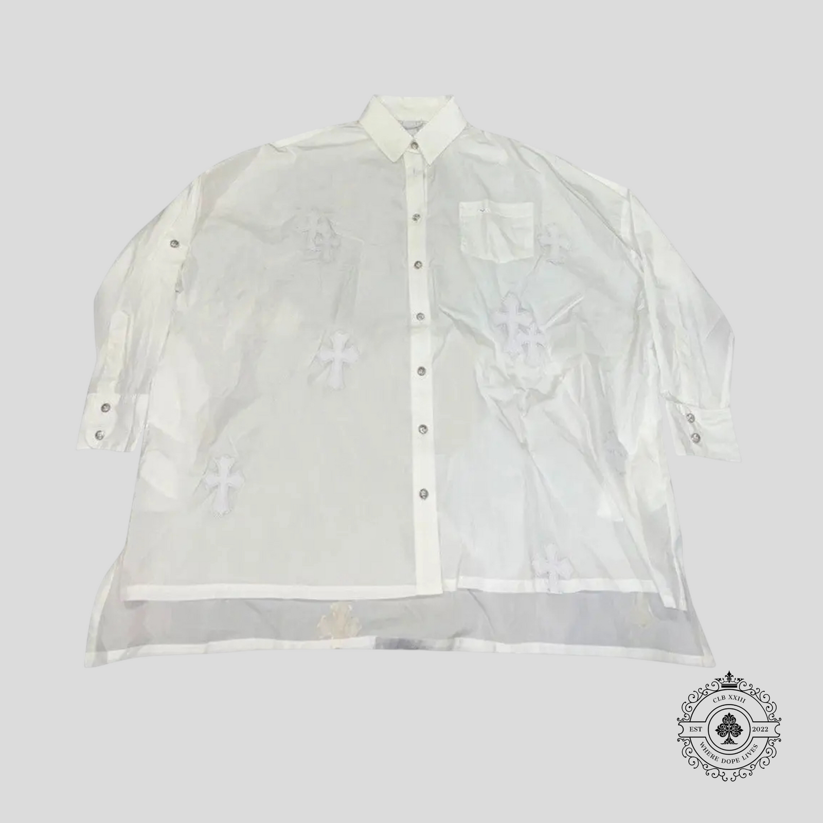 Chrome Hearts Leather Cross Patch Long Sleeve Button Up in White