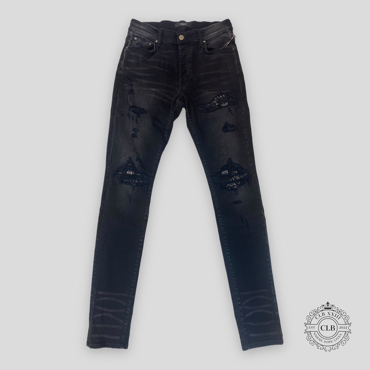 Amiri MX1 Black Bandana Patch Jeans in Aged Black
