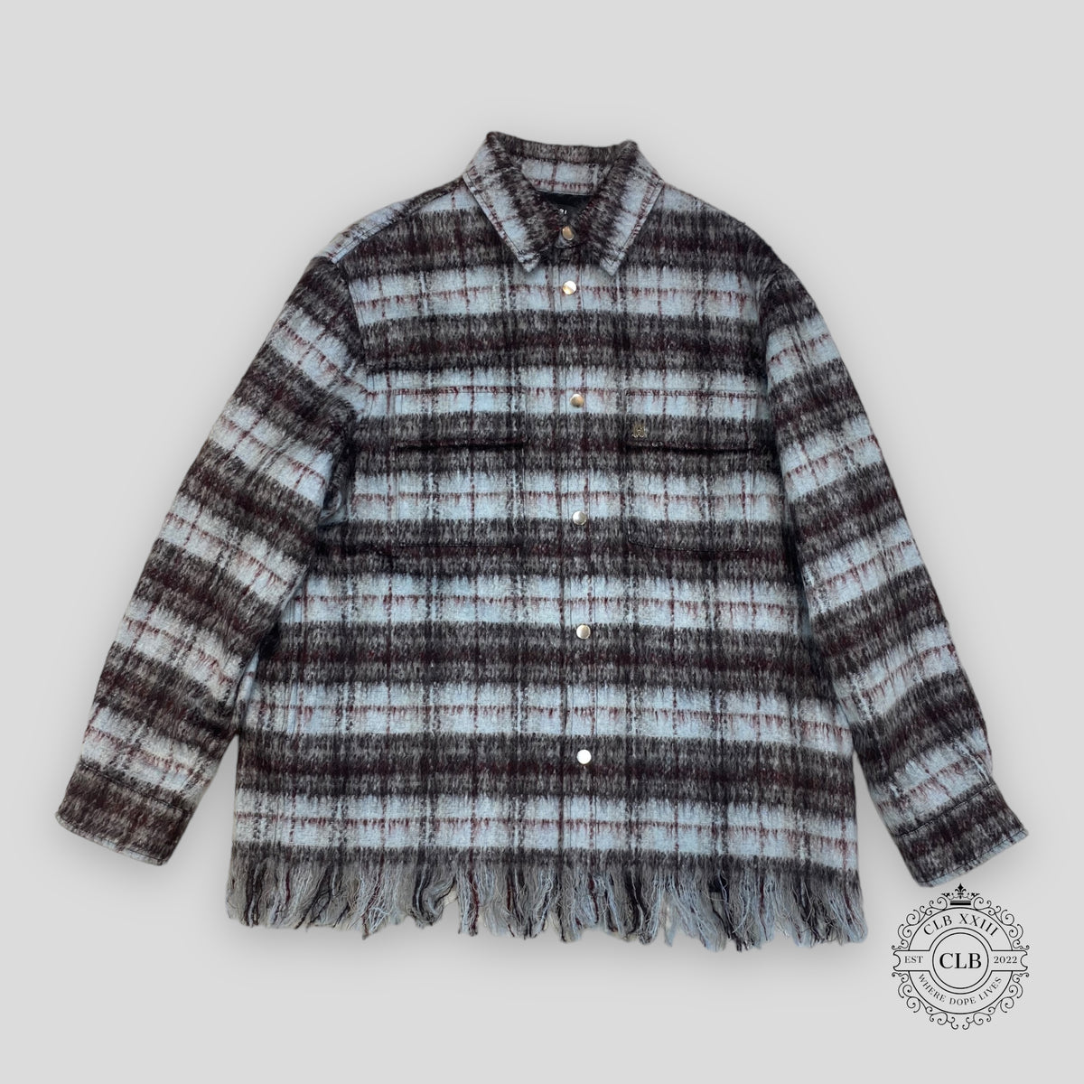AMIRI PLAID FRINGE PADDED OVERSHIRT - BLUE