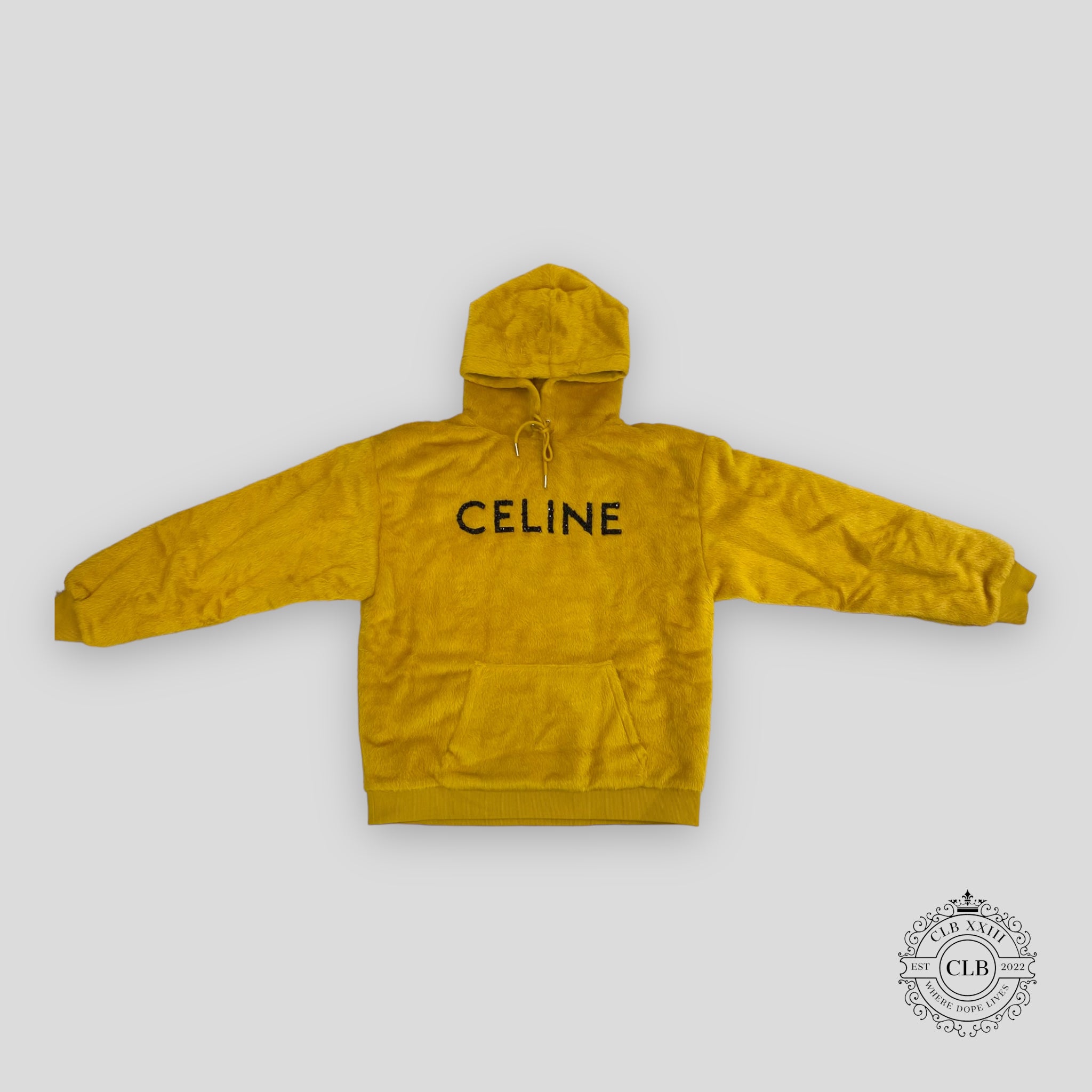 Celine Homme Glitter Sequined Logo Fuzzy Hoodie in Yellow