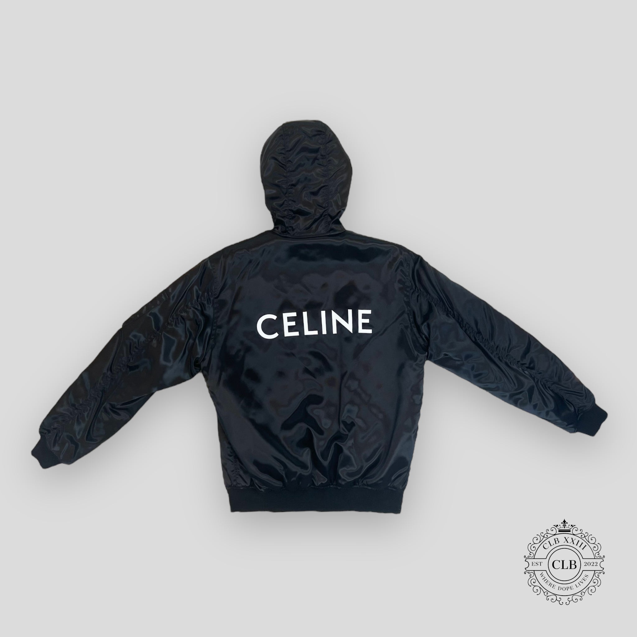Celine Homme Oversized Chain Logo Hooded Bomber in Black