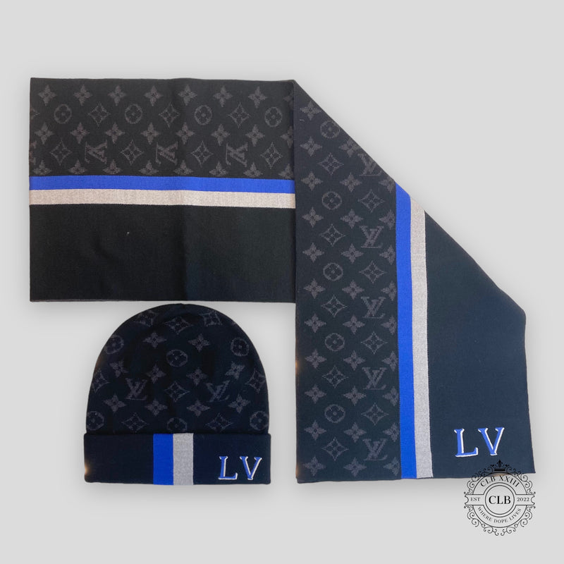 black lv hat and scarf