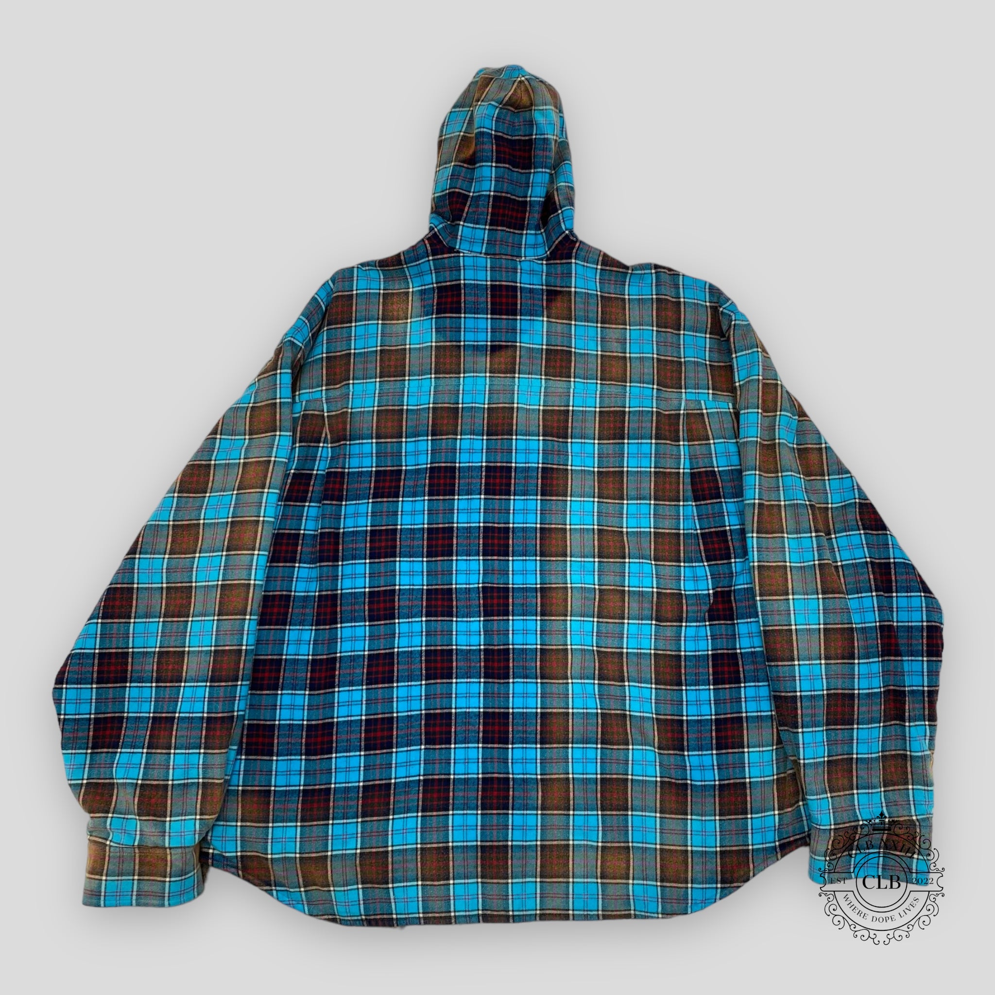 BALENCIAGA BLEACHED PLAID HOODED FLANNEL - BLUE