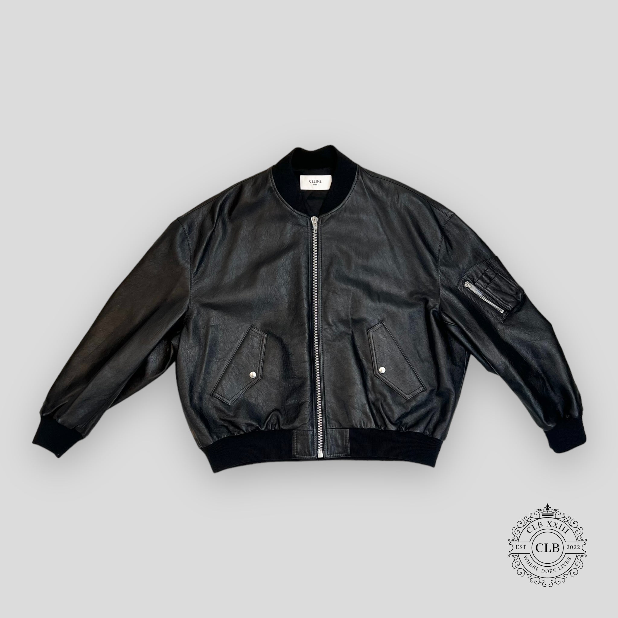 Celine Homme Studded Logo Leather Bomber Jacket in Black