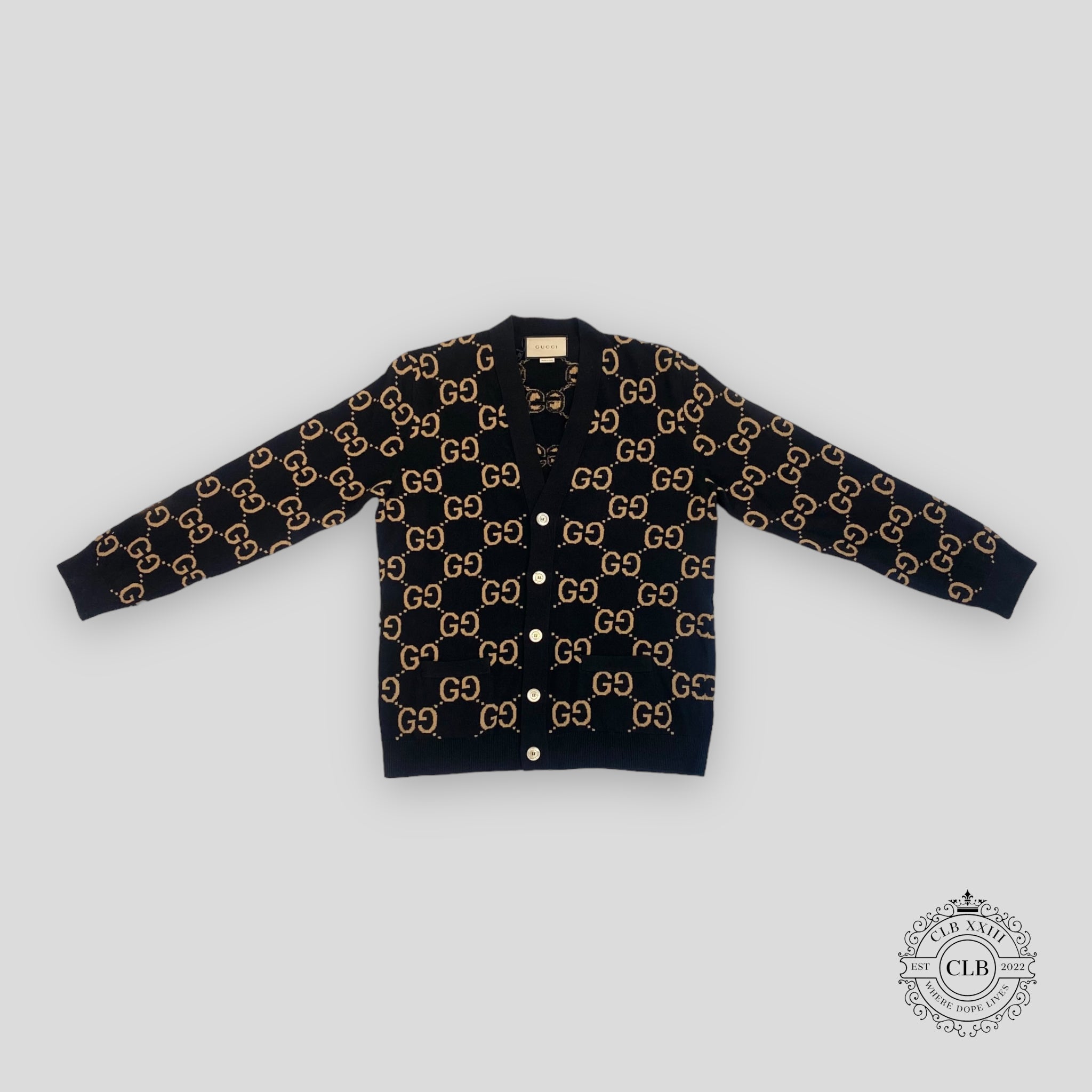 GUCCI GG WOOL JACQURD CARDIGAN - BLACK/CAMEL