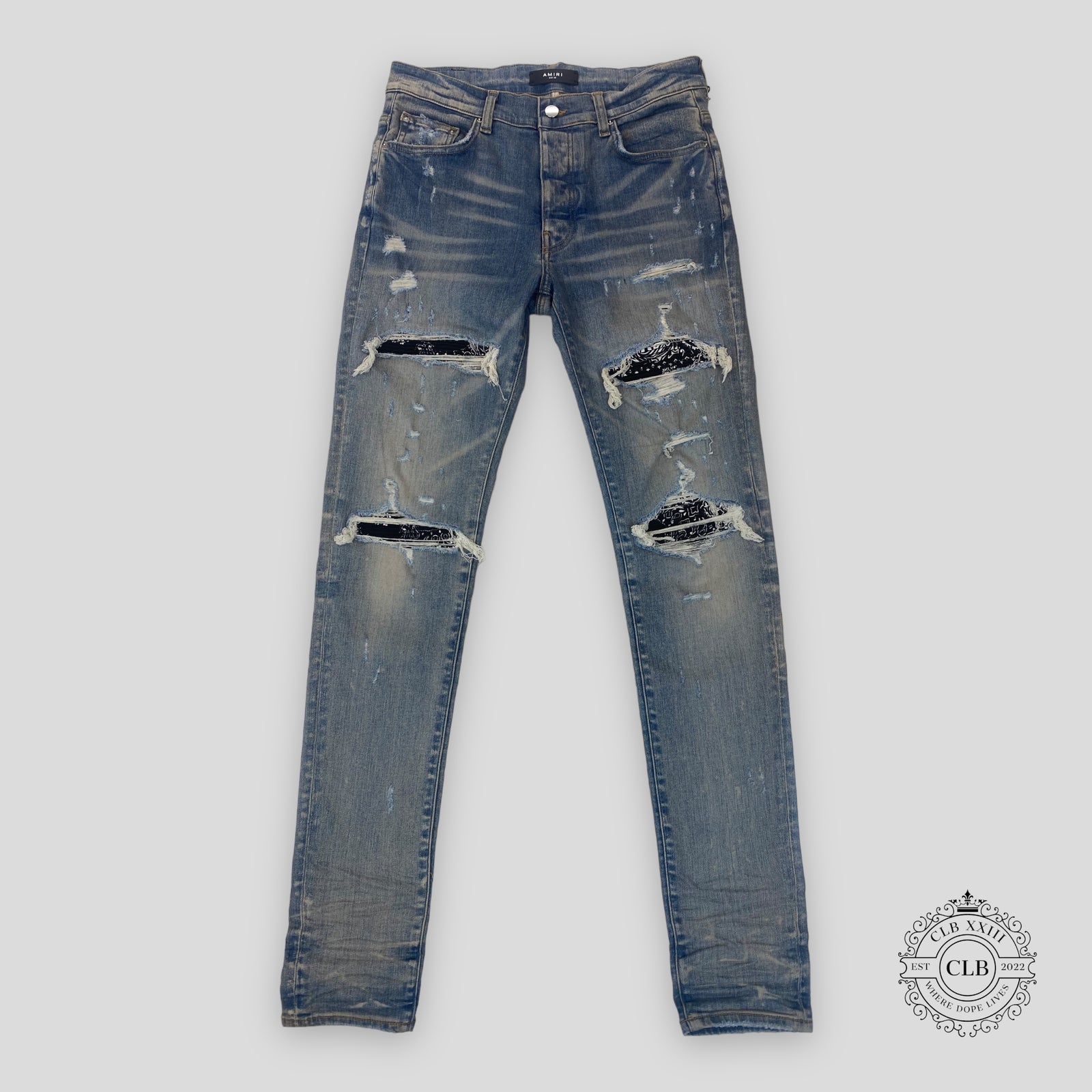 Amiri MX1 Black Bandana Patch Jeans in Clay/Indigo