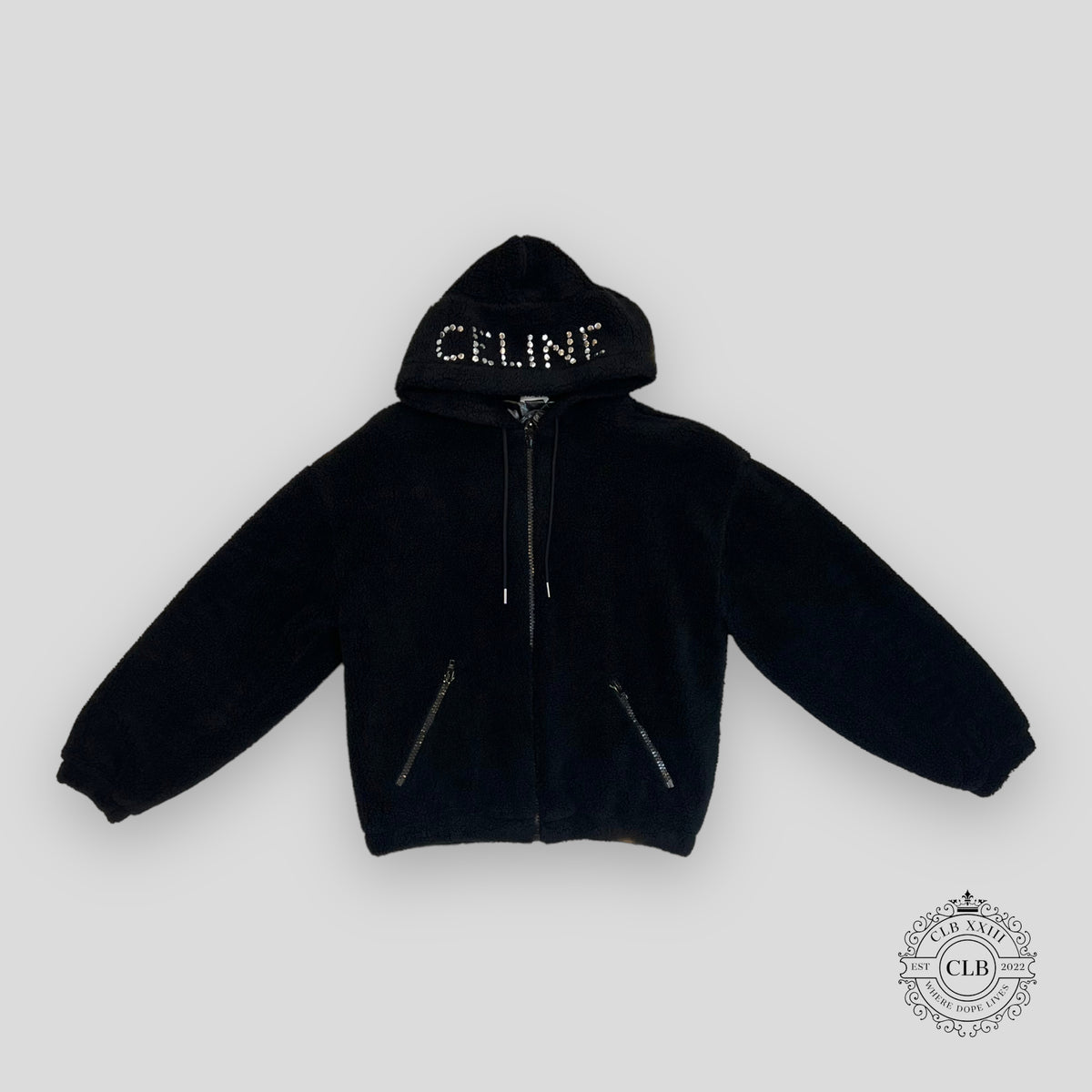 Celine Homme Logo Embellished Fleece Hoodie in Black
