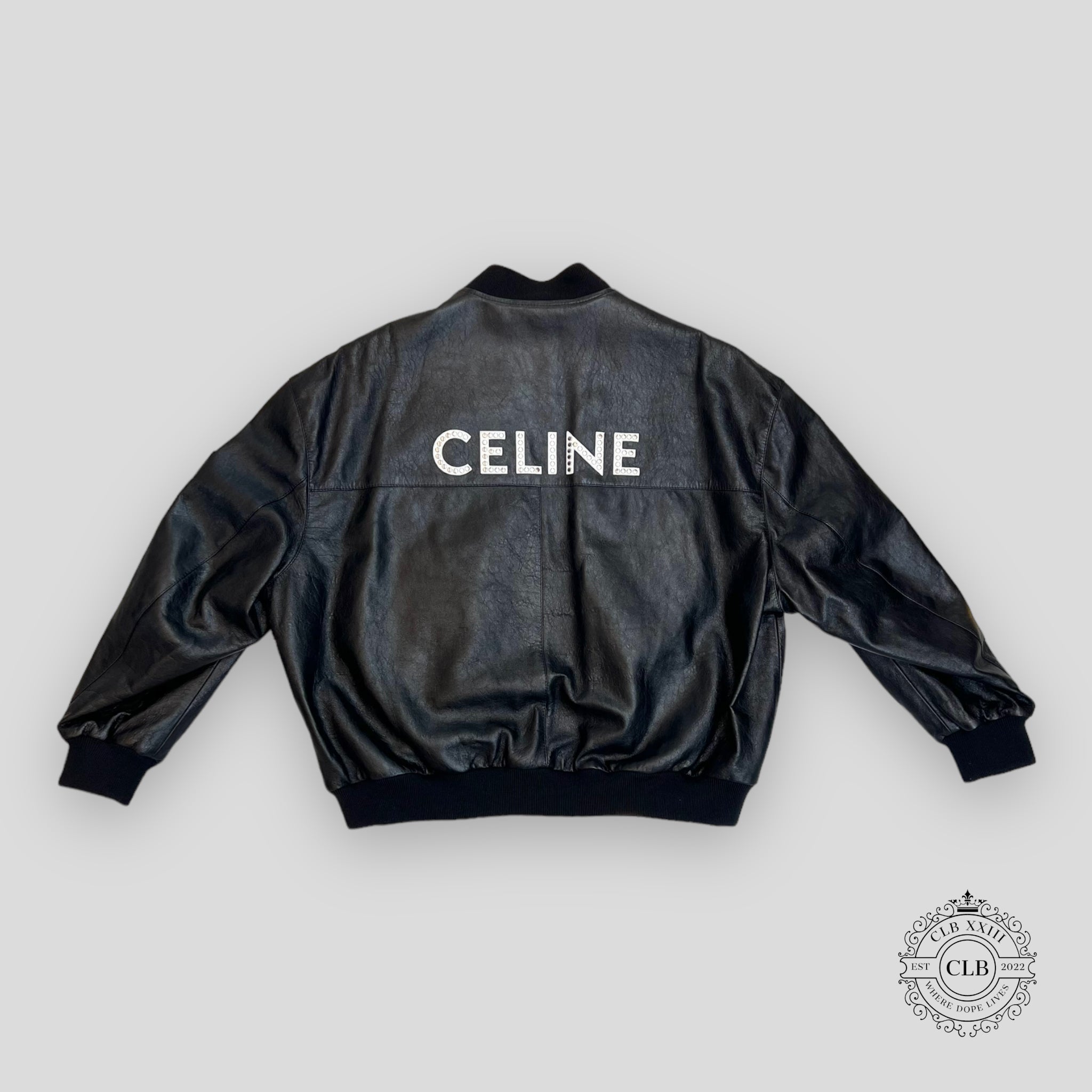 Celine Homme Studded Logo Leather Bomber Jacket in Black