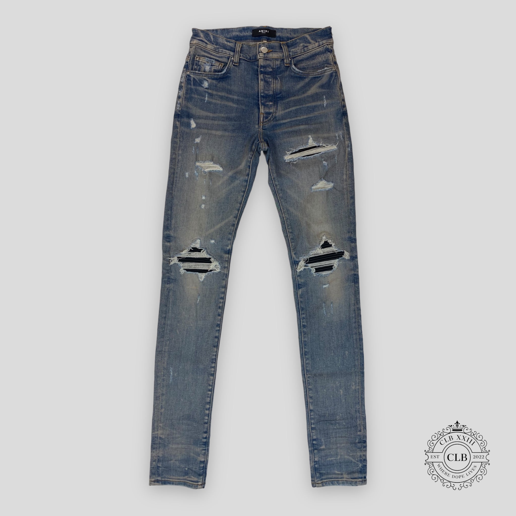 Amiri MX1 Black Leather Patch Jeans in Clay/Indigo