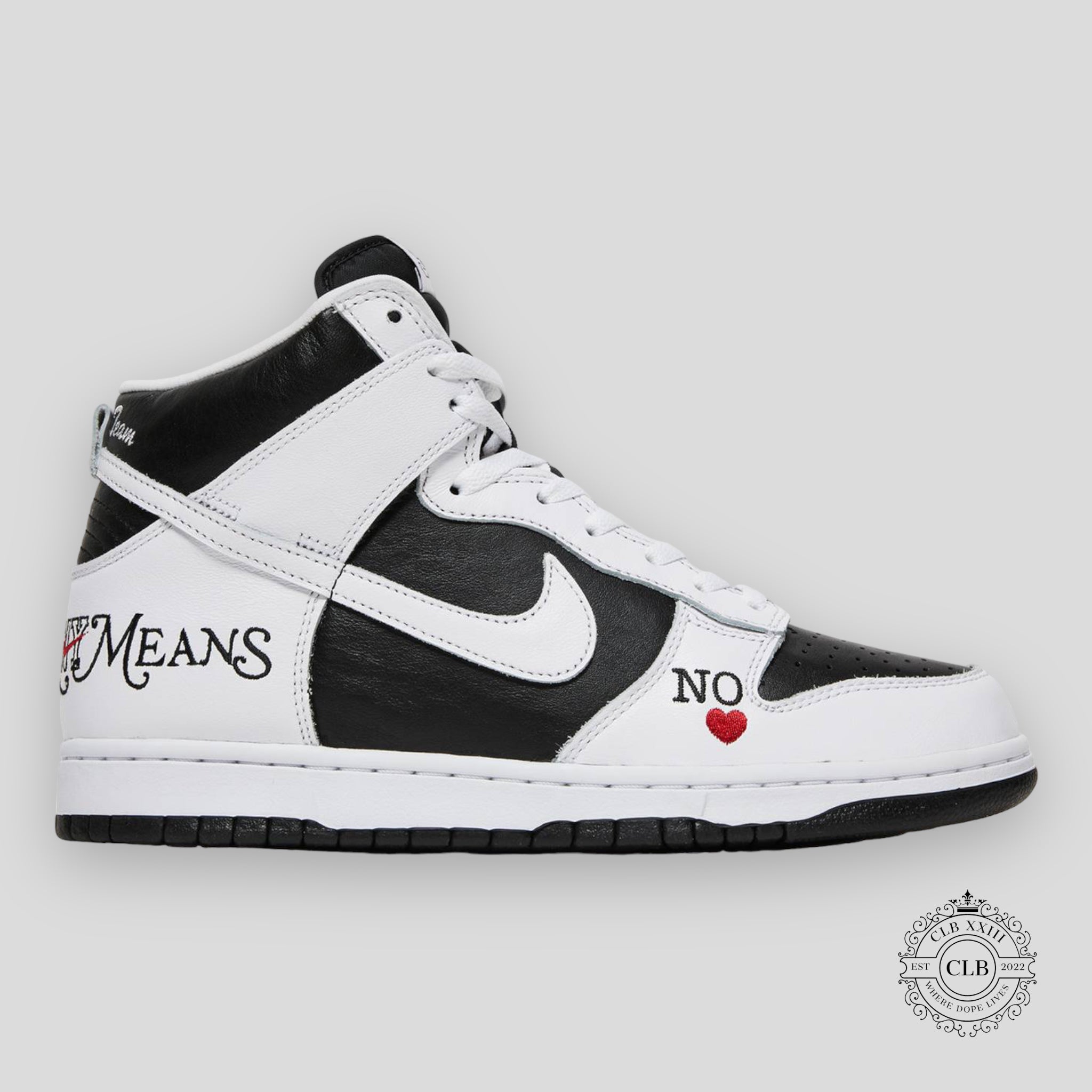 NIKE SB DUNK HIGH X SUPREME "BY ANY MEANS - BLACK & WHITE"