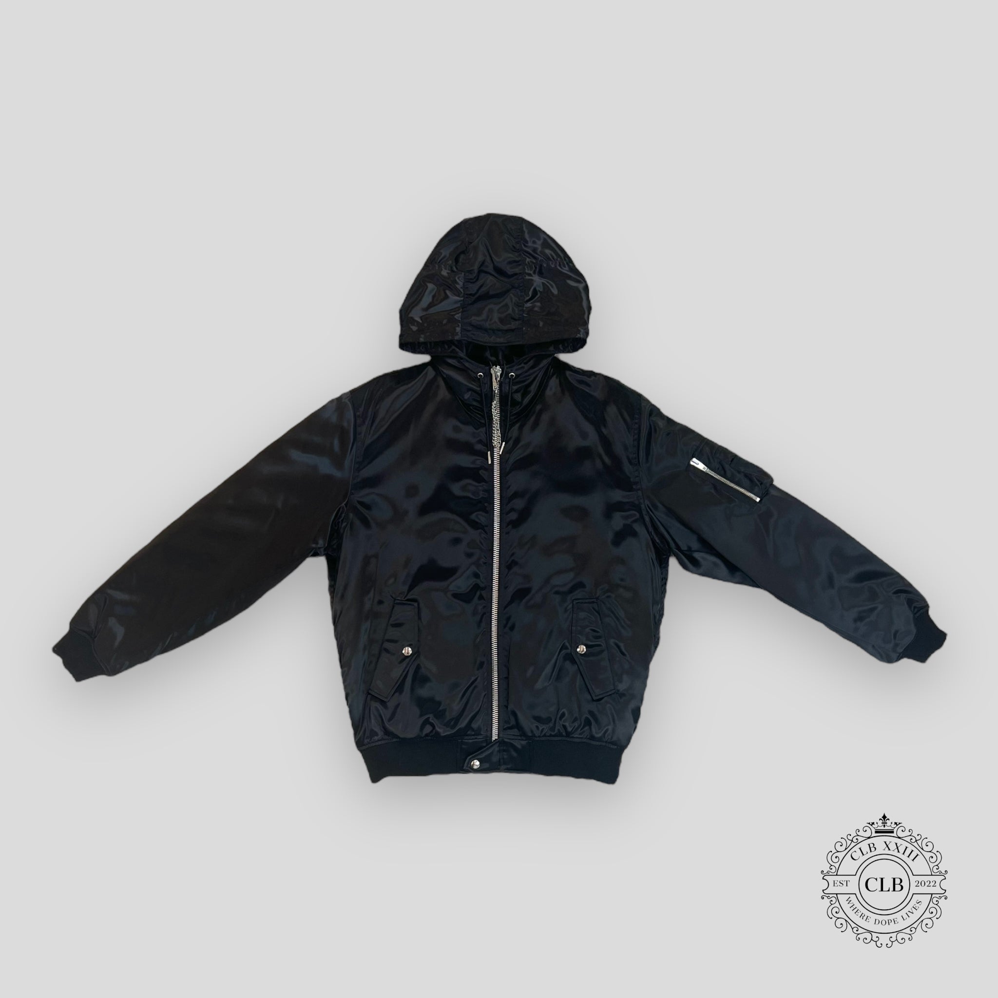 Celine Homme Oversized Chain Logo Hooded Bomber in Black